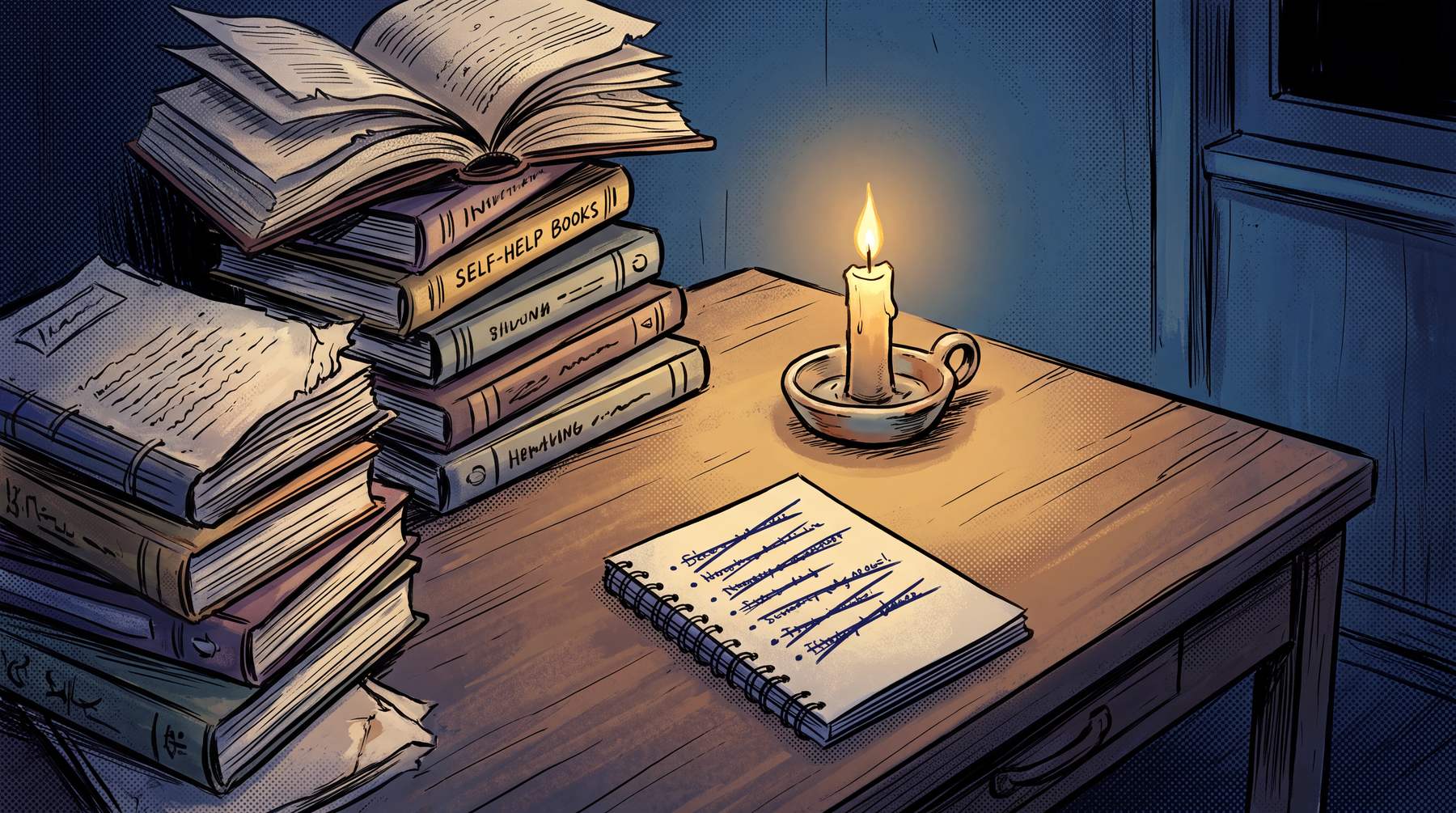 Illustrated desk at night with a stack of self-help books, a single lit candle, and a notebook list with several items crossed out