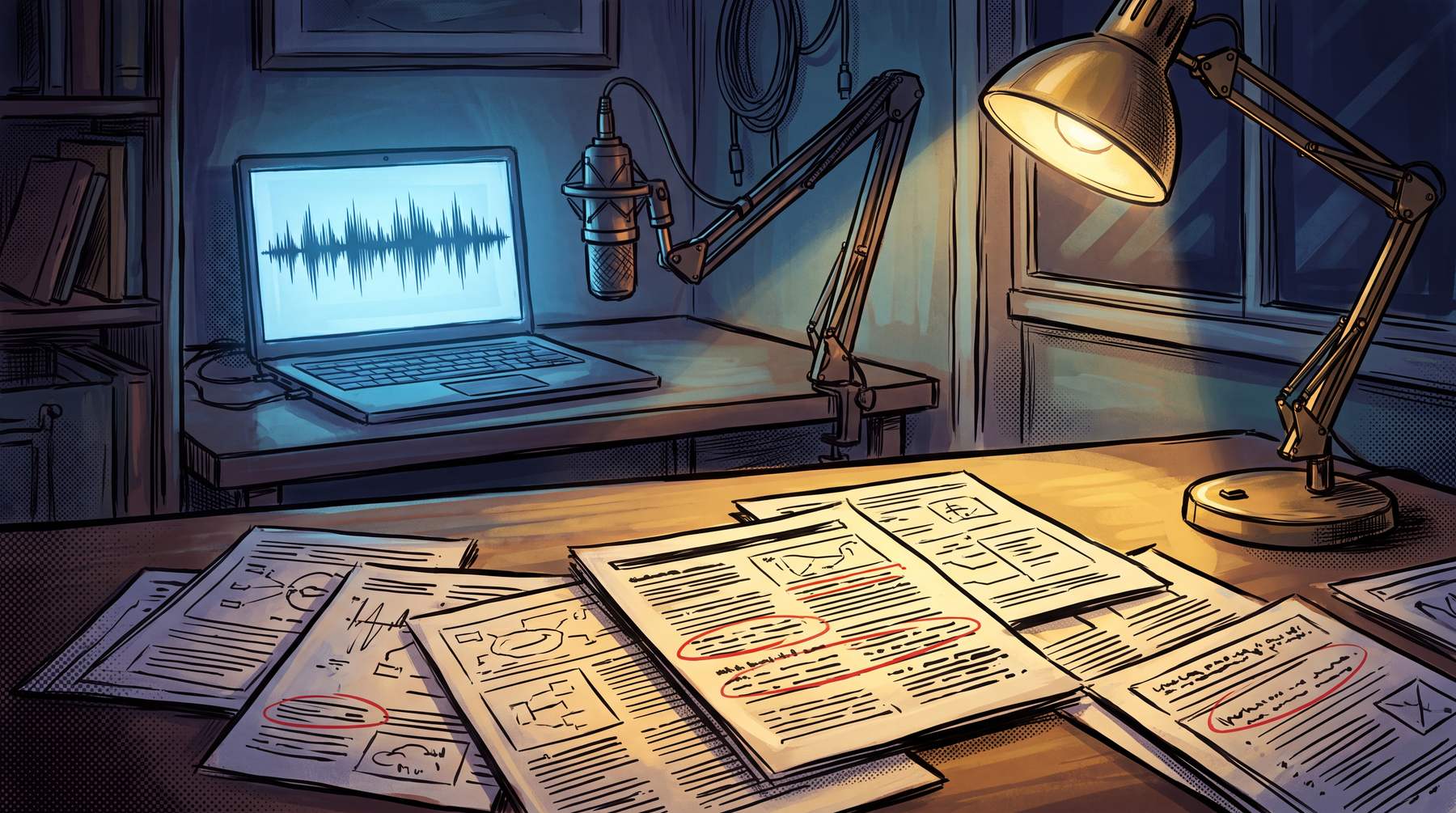 Illustrated research desk at night with printed articles marked up in red pen, a podcast microphone in soft focus behind, and a laptop screen glowing with an audio waveform