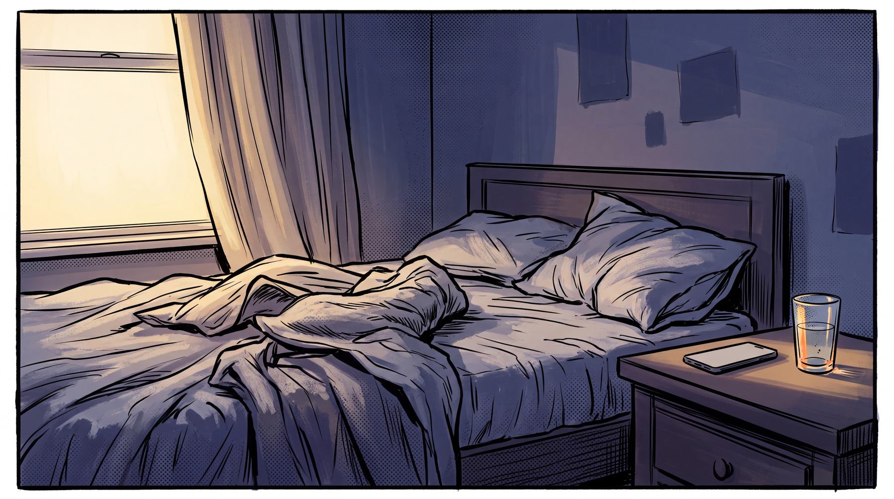 Illustrated bedroom at dawn with a rumpled bed, morning light through the curtains, and a phone left untouched on the nightstand