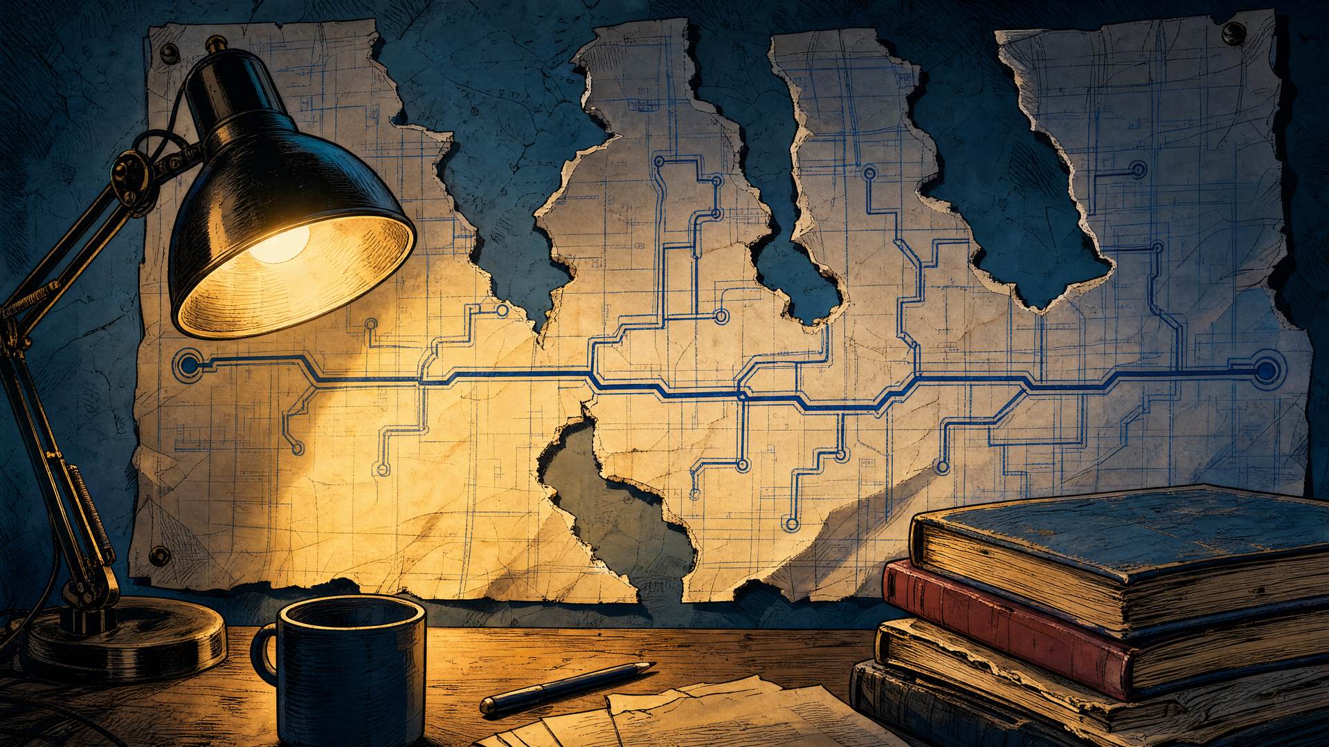A wall-mounted route diagram in blueprint-blue linework with several of its paths ending at torn edges where sections of paper have been ripped away, one intact route still running clean across the frame, a stack of dated printed guides sitting closed on the desk below