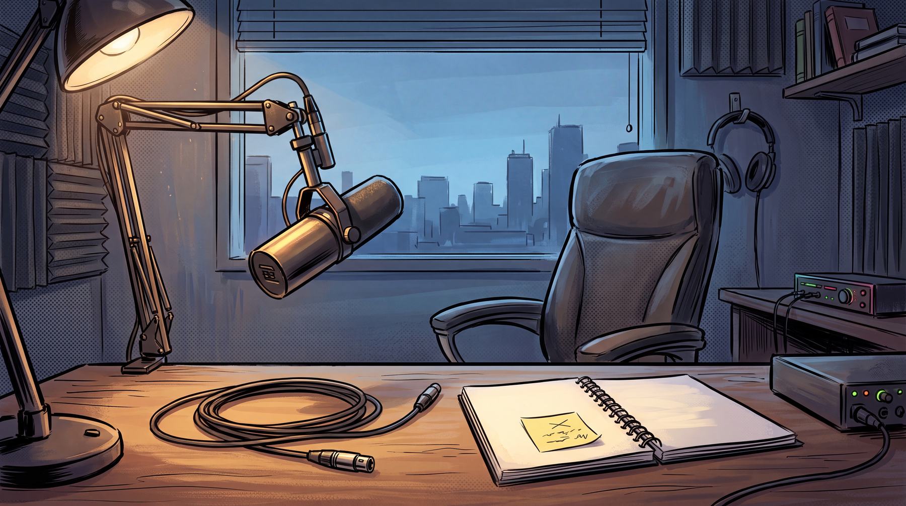 Illustrated empty podcast studio with a microphone lit and ready, an unplugged cable coiled on the desk, an empty chair, and a mostly blank notebook