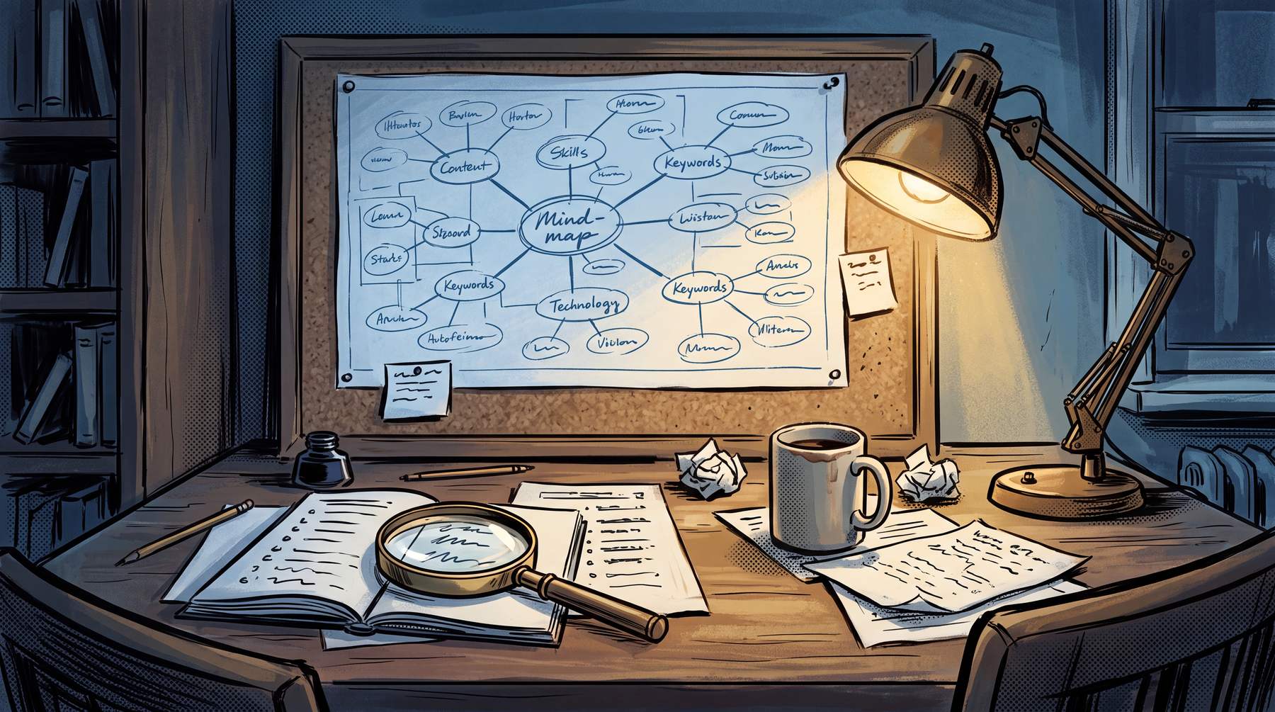 Illustrated desk with a hand-drawn keyword mind-map pinned to a corkboard, a magnifying glass resting on a printed list, and a cup of coffee gone cold