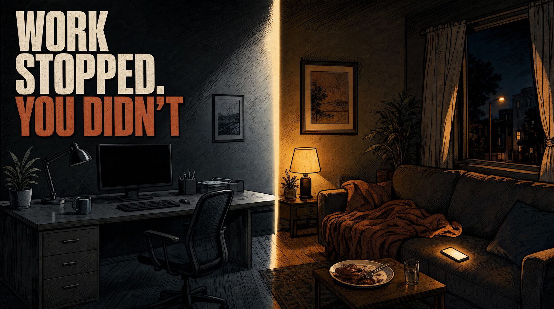 Illustrated room at night split in two, a dark home office on one side and a lamp-lit sofa with a glowing phone on the other, beside the words Work stopped. You didn't