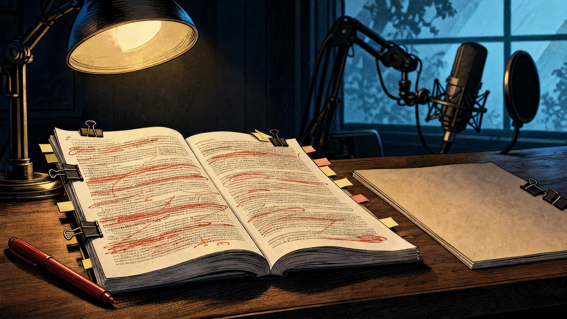 A thick research brief lying open on a desk before a recording session, its pages dense with passages struck through in red pen and tags clipped to the margins, an unused microphone out of focus behind it
